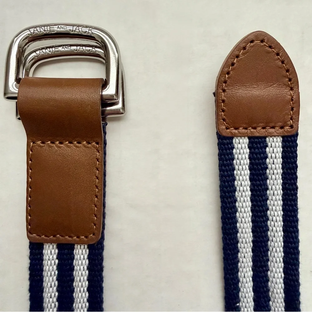 Janie & Jack Toddler Boys Preppy Striped Canvas Belt Blue Brown Leather 2T 3T